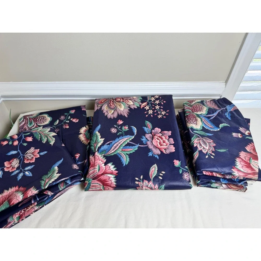 Vintage Navy Blue Floral Chintz‎ 9 Piece Curtain & Balloon Valance Set Lined 80s